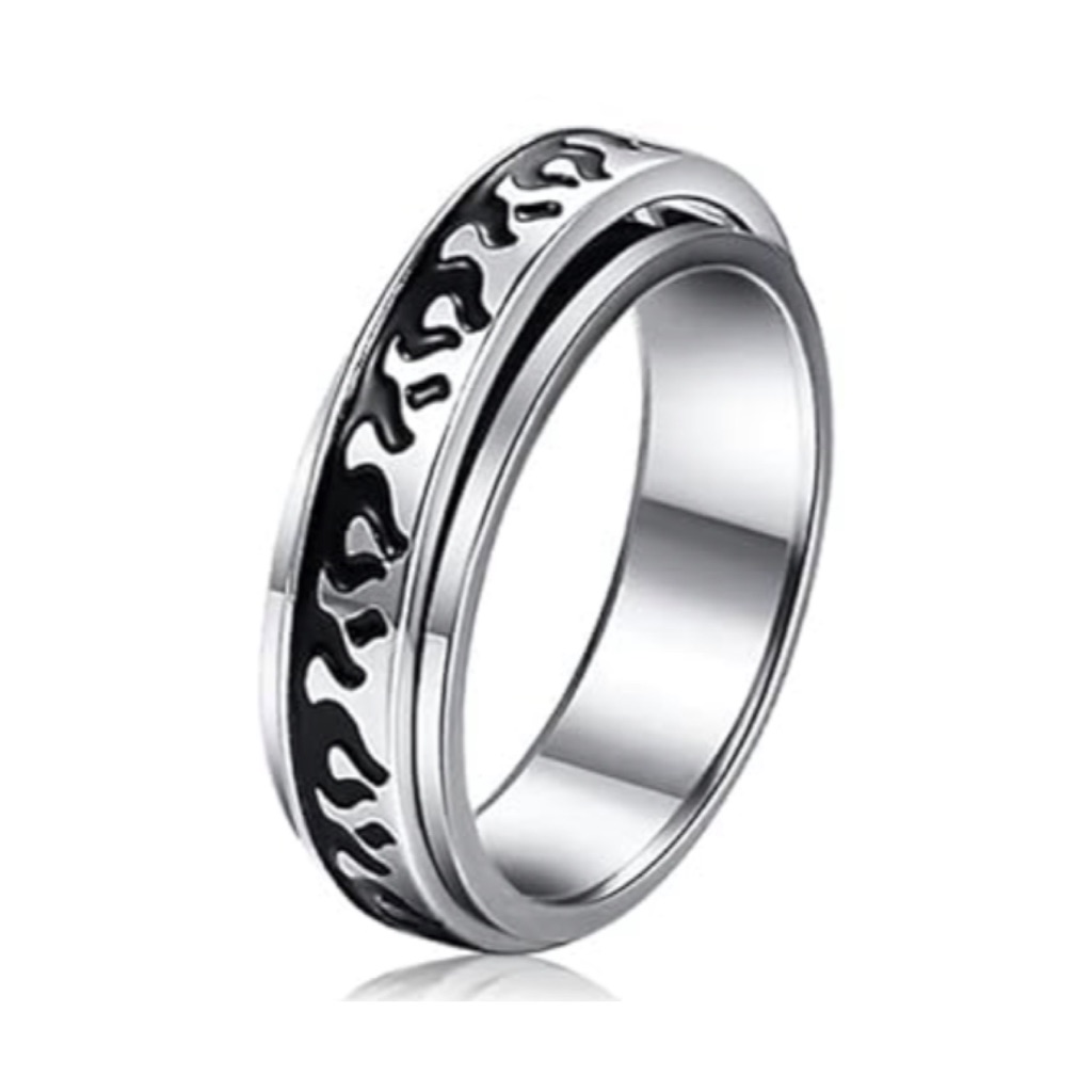 Stainless Steel Flame Spinner Ring - Black Silver Band Fidget Ring 20$